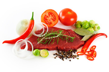 Poster - Meat and vegetables isolated on white background