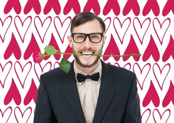 Poster - Composite image of geeky hipster holding rose between teeth