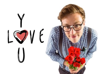 Poster - Composite image of geeky hipster holding a bunch of roses