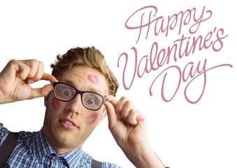Aufkleber - Composite image of geeky hipster covered in kisses
