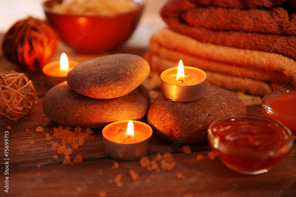 Composition of spa treatment on wooden background