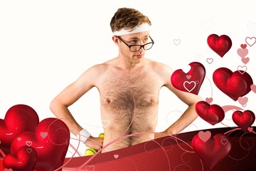 Poster - Composite image of geeky shirtless hipster posing with dumbbell