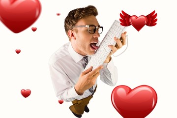 Poster - Composite image of geeky businessman licking his keyboard