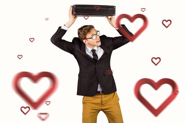 Poster - Composite image of young geeky businessman holding briefcase