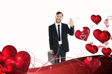 Poster - Composite image of geeky businessman waving at camera
