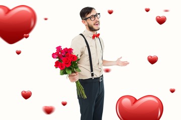 Poster - Composite image of geeky hipster offering bunch of roses