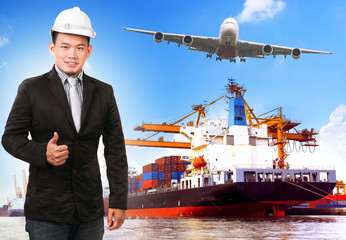 Wall Mural - business man and comercial ship with container on port freight c