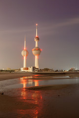 Fototapete - Arabian Gulf beach and the Kuwait Towers