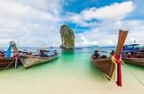 Fototapeta Morze - Fishing thai boats and landmark at Po-da island, Krabi ,Thailand