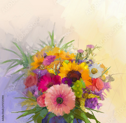 Fototapeta na wymiar Vase with still life a bouquet of flowers. Oil painting