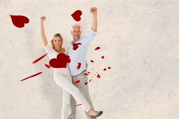 Poster - Composite image of smiling couple cheering at the camera