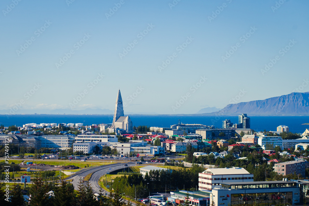 Beautiful super wide-angle aerial view of Reykjavik, Iceland - obrazy, fototapety, plakaty 