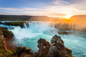 Godafoss at sunset, Iceland, amazing waterfall