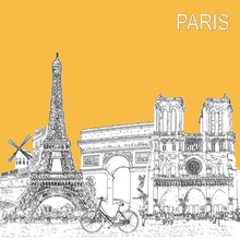 Sketch Style Poster With Paris Symbols And Landmarks.