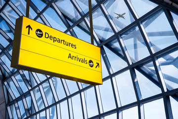 Check in, Airport Departure & Arrival information board sign