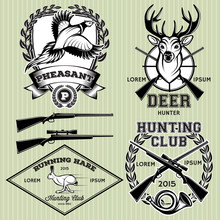 Set Of Emblems With A Deer, Hare, Pheasant For Hunting