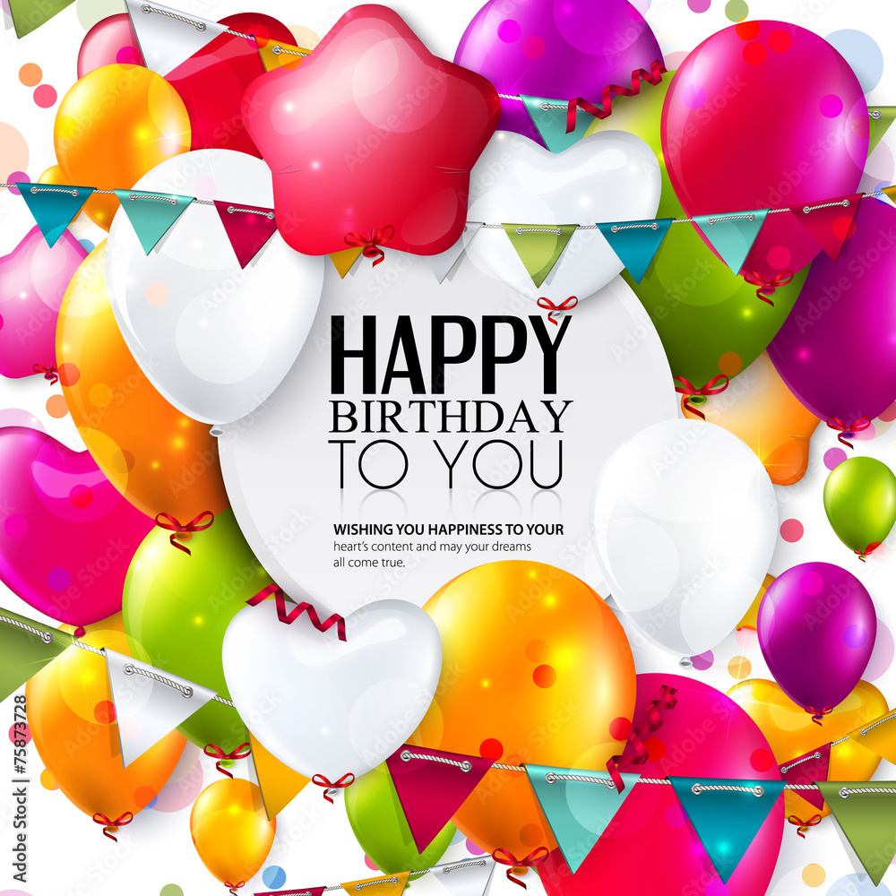 Vector birthday card with balloons, confetti and bunting flags. Stock ...