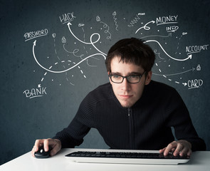 Fototapete - Young hacker with white drawn line thoughts
