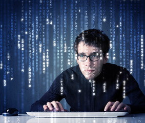 Poster - Hacker decoding information from futuristic network technology