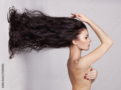 Stampa su Tela Elegant naked lady with long healthy hair