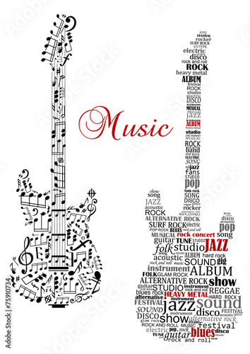 Fototapeta na wymiar Classic guitars with words and musical notes