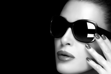 Wall Mural - Fashion Model Woman in Black Oversized Sunglasses. Monochrome