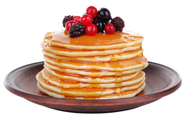 Canvas Print - Stack of delicious pancakes with berries and honey isolated