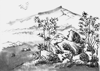 Plakat sztuka drzewa natura pejzaż chiny