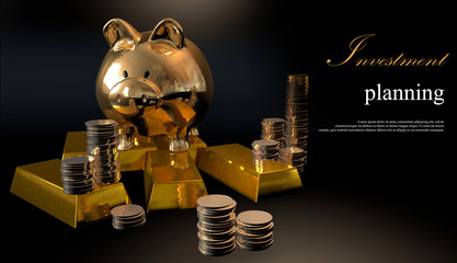 Gold piggy bank and stacked coins against a black background