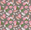 Seamless pattern with rose flowers and feathers. Watercolor