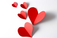 Beautiful Paper Hearts On White Paper Background, Close-up