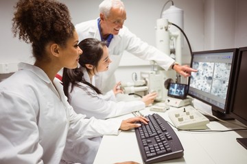 Wall Mural - science students looking at microscopic image on computer