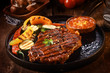 Grilled Steak with Vegetables on Cast Iron Pan
