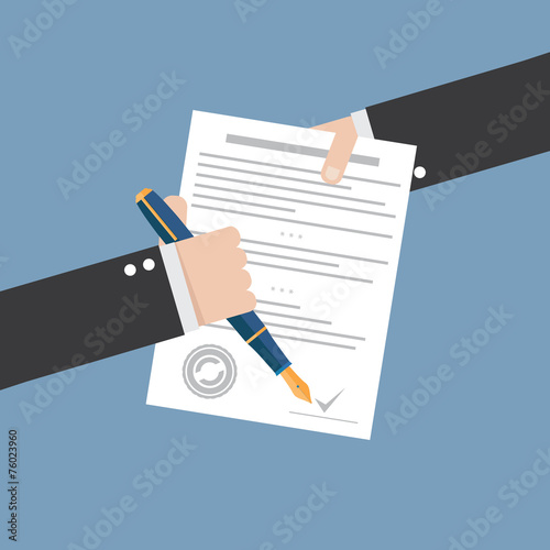 Fotografía Vector agreement icon - hand signing contract on white paper