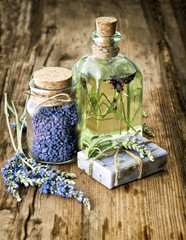 Sticker - massage oil, herbal soap and bath salt with fresh lavender flowe