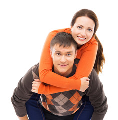 Young and happy Cuacasian couple isolated on white