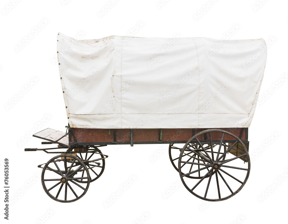 Covered wagon on white - obrazy, fototapety, plakaty 