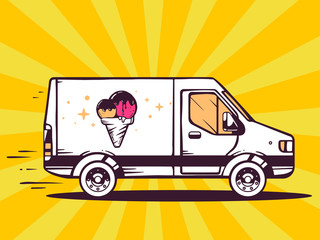 Wall Mural - Vector illustration of van free and fast delivering ice cream to