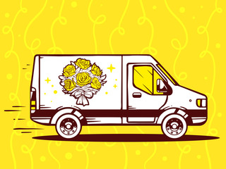 Wall Mural - Vector illustration of van free and fast delivering bouquet of f