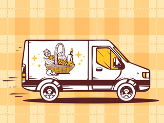 Wall Mural - Vector illustration of van free and fast delivering basket with