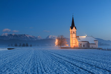 St. Florian Church With A View To The Alps At Dawn