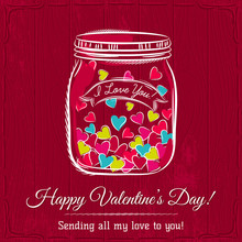 Red Valentine Card With Jar Filled With Heart And Wishes Text,