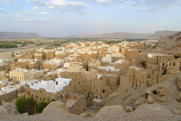 Mud brick tower houses town of Shibam, Hadramaut valley, Yemen.