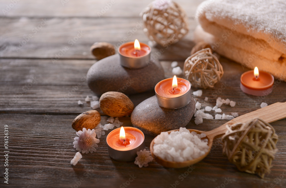 Composition of spa treatment on wooden background