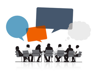 Canvas Print - Silhouettes of Business People in a Meeting and Speech Bubbles