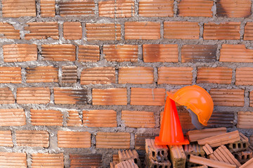  construction helmet safety and cone in construction site