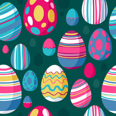 Wall Mural - Seamless colorful easter eggs pattern. Green back.