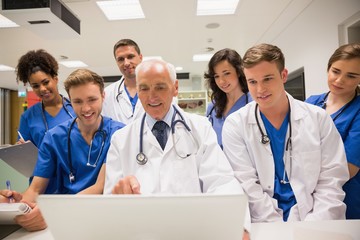 Wall Mural - medical students and professor using laptop