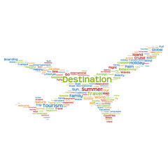 Conceptual destination  travel or tourism plane word cloud