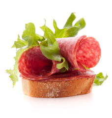 Poster - sandwich with salami sausage on white background  cutout